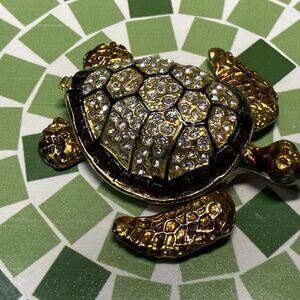 Gold Tone Turtle Trinket Box Rhinestone Enamel Hinged Jewelry Box